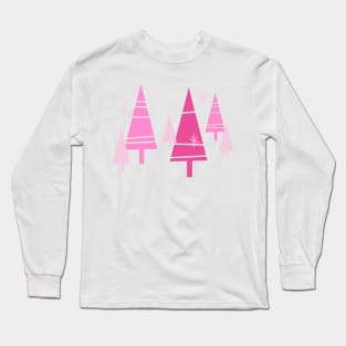 Retro Christmas Trees Pink - Mid Century Modern White Long Sleeve T-Shirt